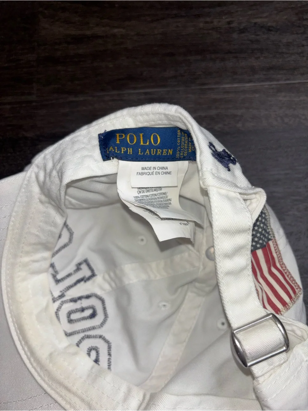 RARE Vintage POLO by Ralph Lauren Spell Out USA Flag Hat Cap Strap Back White